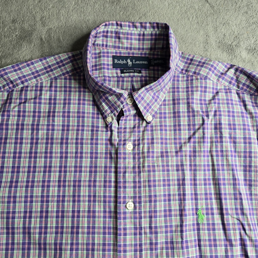 Polo Ralph Lauren Plaid Long Sleeve Button Up Mens 18 XXL Green Purple